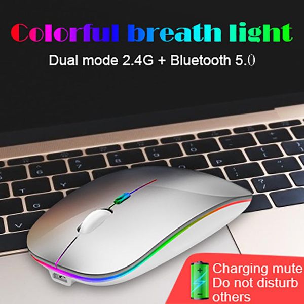 

slim rechargeable wireless silent mouse breathing lantern 2.4g wireless+bluetooth5.0 portable usb computer mice