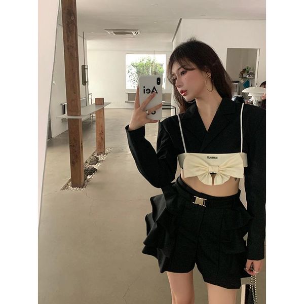 

women's suits & blazers western style black v-neck coat short casual blazer all-match ins tide korean version temperament skirt top, White;black