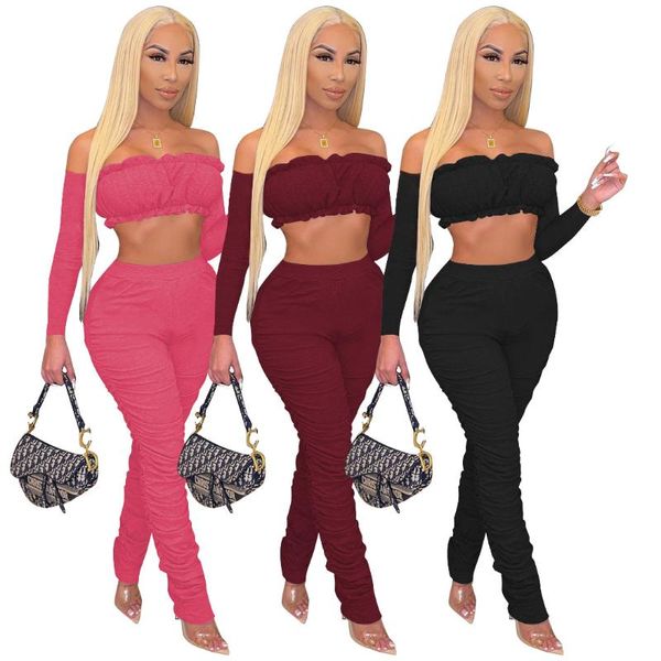 

women's two piece pants hhdmv 2021 autumn club high waist young solid strapless full sleeve long pencil skinny women 2 set, White