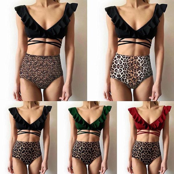 

leopard print ruffles bikini set lace up women 2021 fashion bandage swimsuit high waist summer beachwear swimsuit biquini