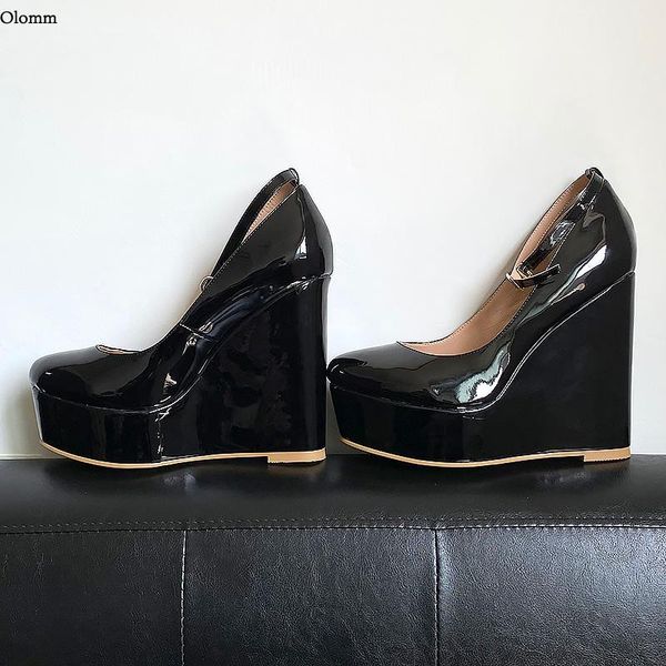 

dress shoes olomm arrival handmade women summer shiny pumps ankle strap wedges heels round toe black size 35-52