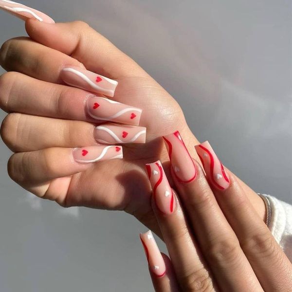 

false nails 24pcs long fake sets white wavy lines love nail stickers coffin artificial tips with glue dw, Red;gold