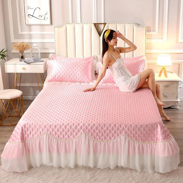 

bedding sets 3pcs summer quilted bedspread ice silk fabric lace princess bed cover solid pink puprle decor girl home textile