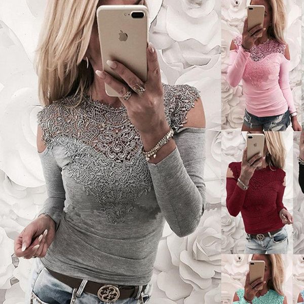 

shirt new women solid lace cold shoulder long sleeve slim blouse shirts 2021 elegant shirt female clothes, White
