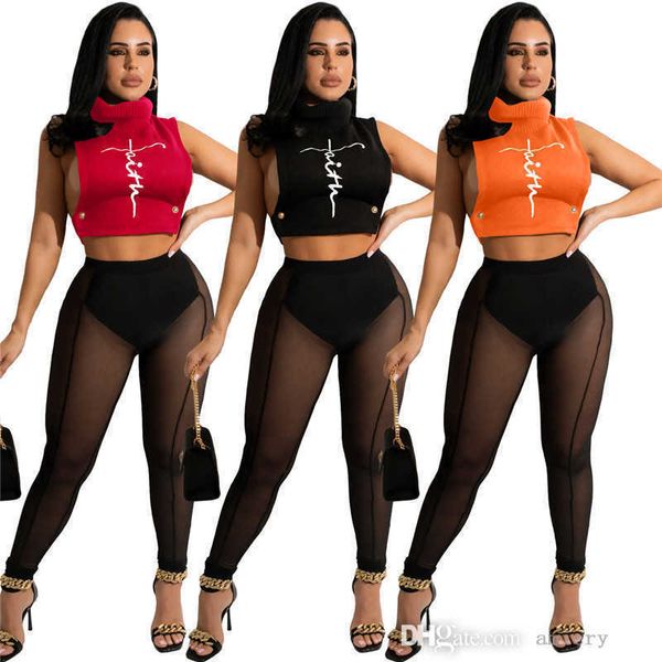 Mode Stickerei Frauen Mesh Trainingsanzüge High Neck Tank Tops Sexy Zwei Stück Leggings Outfits Durchsichtig Weibliche Sweatsuits