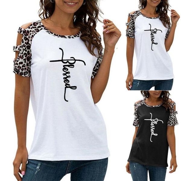 

women's t-shirt womens t shirt hollow out tee crew neck summer beach letter printed leopard women clothes, White