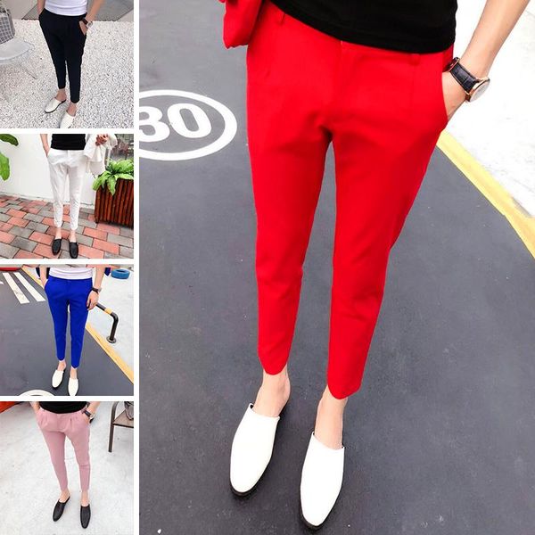 

men's suits & blazers slim men fit skinny pant streetwear design trousers male fashion striped plaid casual pants ankle-length suit a1, White;black