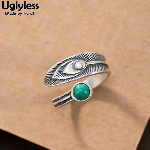 

cluster rings uglyless exotic natural malachite for women handmade peacock feather thai silver 925 vintage dress jewelry, Golden;silver