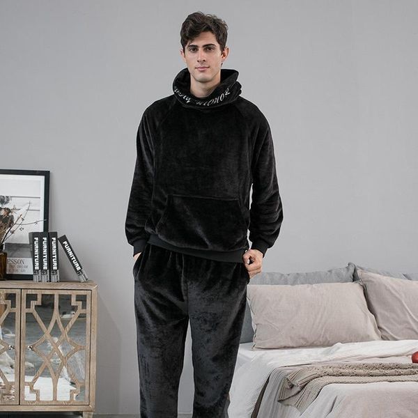 

men's sleepwear mens pajamas flannel fall/winter hooded home service thickened plus velvet couple set, Black;brown