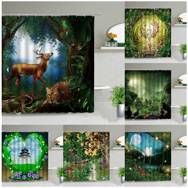 

shower curtains tropical jungle landscape bathroom decor wild animal leopard parrot deer hanging curtain 3d waterproof fabric