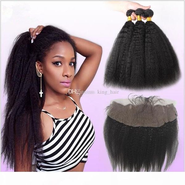 

kinky straight mongolian virgin hair bundles with lace frontal part italian coarse yaki full lace frontal with bundles 4pcs lot, Black