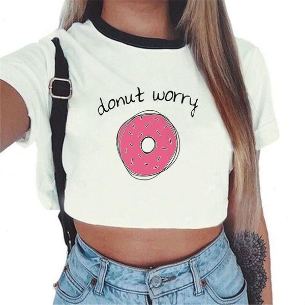 

2021 fashion harajuku summer funny white shirt women crop tee shirt femme streetwear friends tshirts donut print short top
