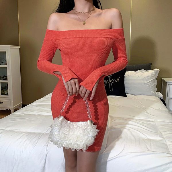 

ribbed off shoulder dress women autumn long sleeve slash neck bodycon dress solid backless ladies party mini dresses, Black;gray