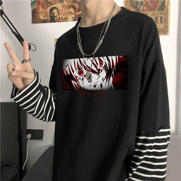 

men's t-shirts harajuku anime x oversize long sleeve t-shirt funny manga hrror kurapika print summer fake two piece tshirt, White;black