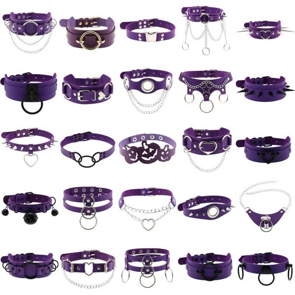 

chokers chain necklaces for women egirls purple pu leather choker pumpkin halloween rivet rock grunge couple pendants gothic jewelry, Golden;silver