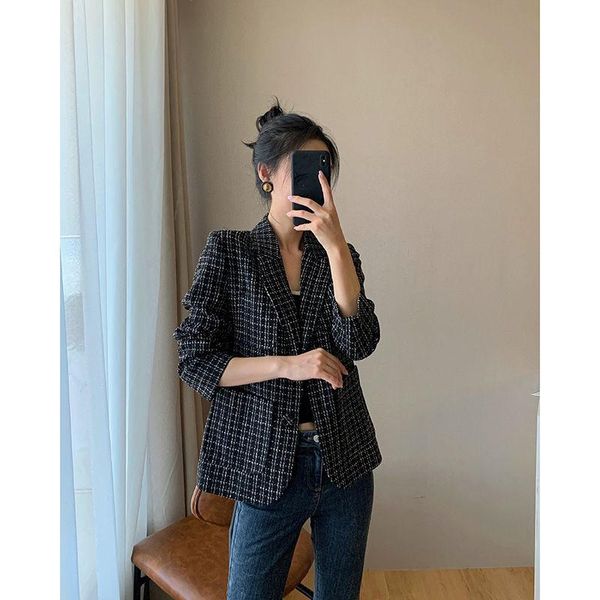 

women's jackets 2021 autumn and winter tweed plaid suit jacket short korean style women, Black;brown