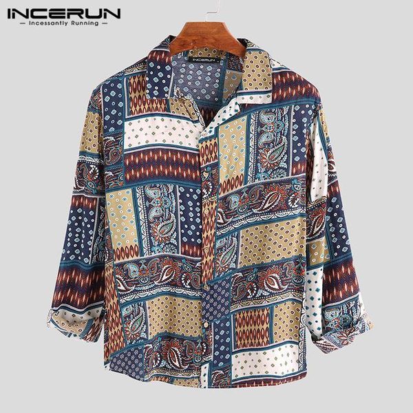 

men's casual shirts incerun men printing long sleeve shirt loose streetwear turn down collar hawaiian vacation camisas 2021, White;black