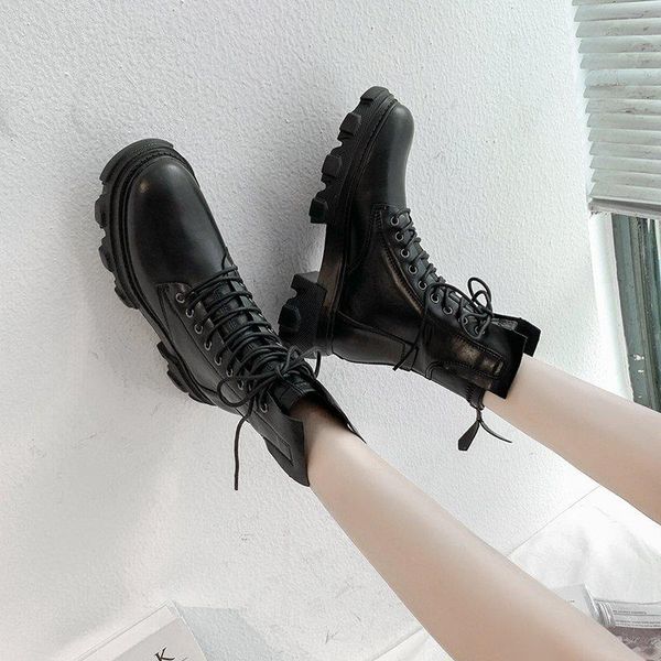 

boots women 2021 knight thick-soled british style leather round toe mid-tube rear zipper women's, Black