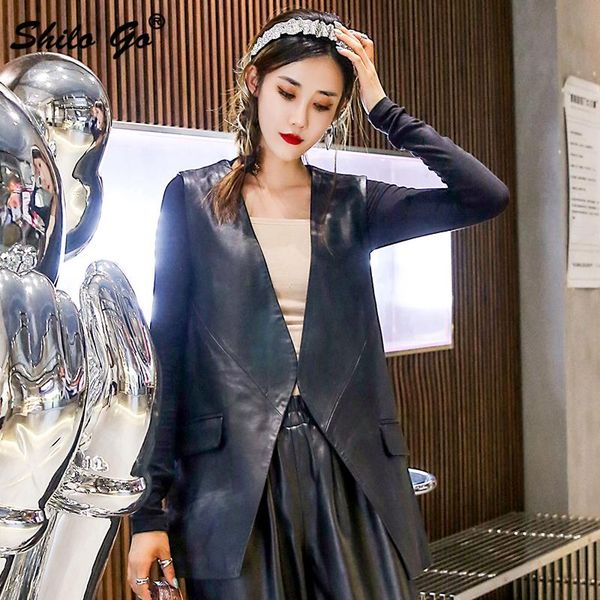 

women's vests office lady deep v neck women autumn concies work wear sheepskin genuine leather vest casual sleeveless outwear female, Black;white