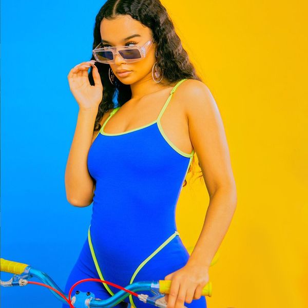 

summer buckle open back bodycon jumpsuit neon color patchwork romper women overalls playsuits streetwear 2020, Black;white