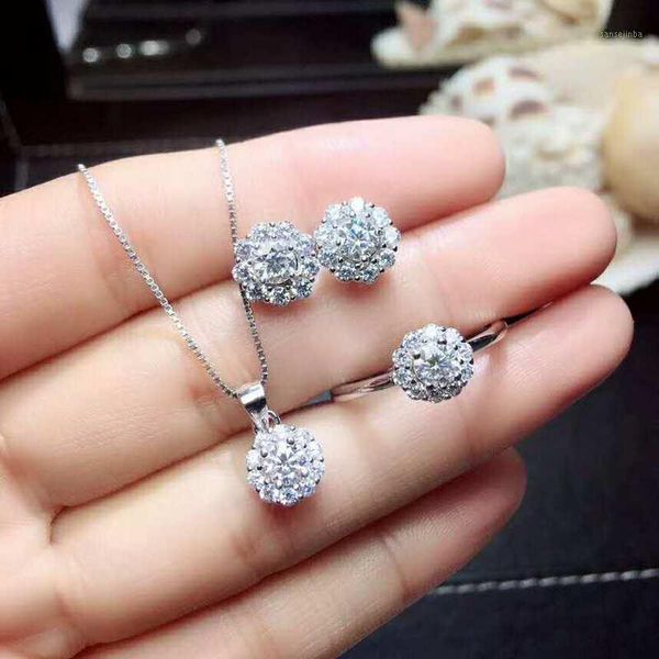 Bracciale, Orecchini Collana Video! Set di gioielli di moda in argento sterling S925 con diamante Moissanit da 6,5 mm per le donne che sposano pietre preziose bianche