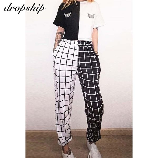 Pantaloni cargo a contrasto di colore a quadri a quadri in bianco e nero a vita alta elastica da donna primaverile Donna Streetwear Plaid lungo 211115