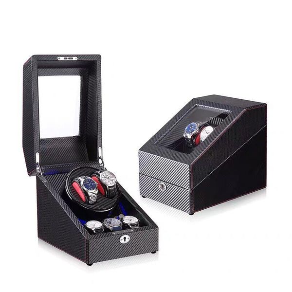 

watch boxes & cases 2+3 led carbon watchwinder fiber automatic winder rotator holder display motor shaker box mover winding remontoir, Black;blue