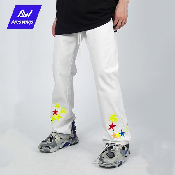

pants trousers 2021 casual men's straight tube wide leg star embroidery vibe fashion high street trend, Black