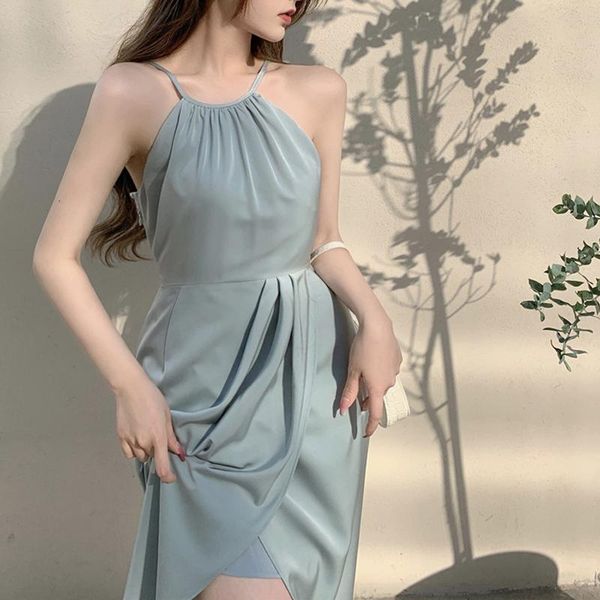 

casual dresses vintage elegant dress female chiffon camisole one piece korean high waist club evening party slim strap women 2021, Black;gray