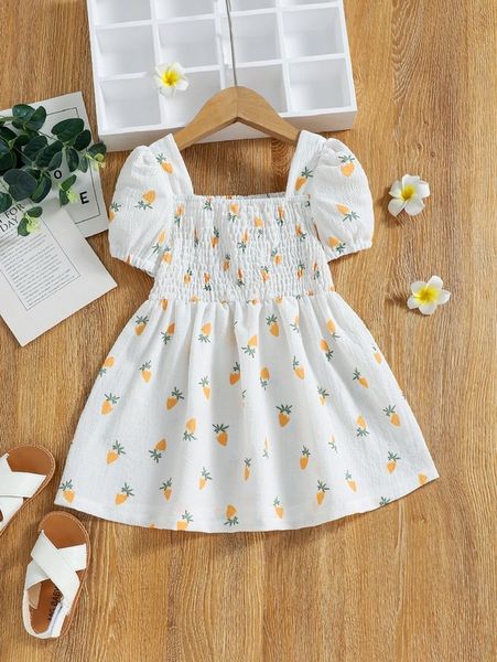 

toddler girls strawberry print shirred puff sleeve dress she, Red;yellow