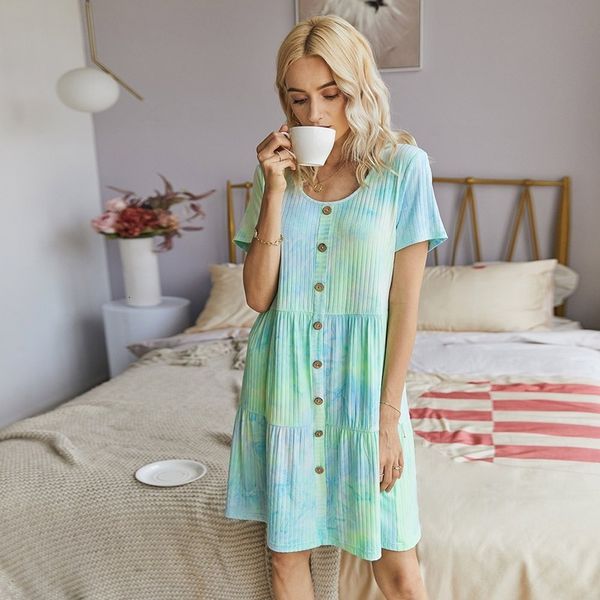 

2021 women new summer fashion contrast color tie-dye print beach short-sleeved button-shaped loose casual go0z, Black;gray