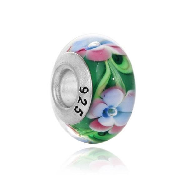 Top Quality925 Sterling Silver Vetro di Murano Murano Perline Fiore blu su verde Fit europeo Pandora Charms Bracciale Collana Gioielli fai da te