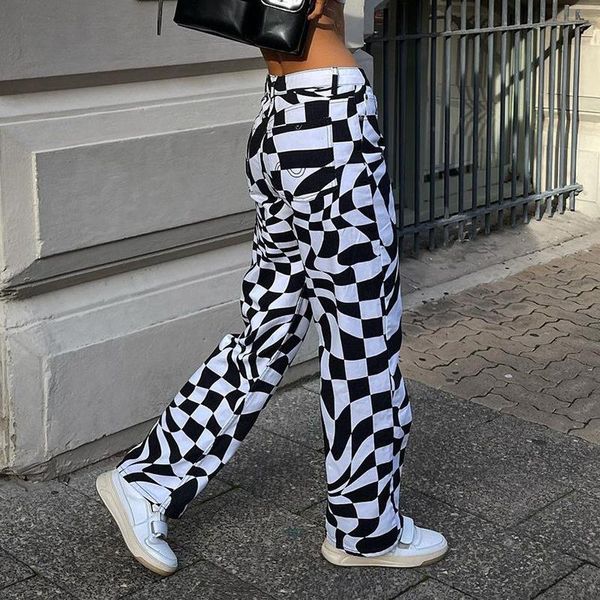 

women's jeans baggy high waist straight black white plaid irregular mosaic printed 2021 autumn streetwear casual denim pants, Blue