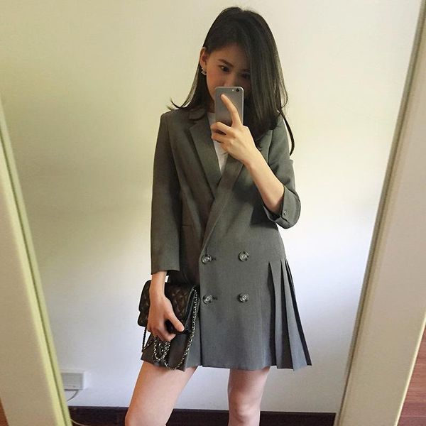 

real p 2021 spring euro american commuter casual suit jacket pleated boyfriends suit dress 8657, White;black