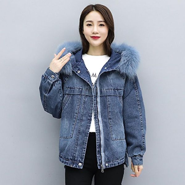 

women's down & parkas womens jacket fur collar hooded loose casual women clothes 2021 winter denim cotton plus velvet warm thicken, Black
