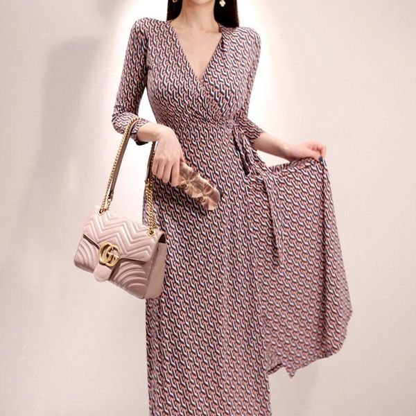 

casual dresses simple elegant print dress spring long-sleeved v-neck women 2021 office wrap lace-up a-line vestidos, Black;gray