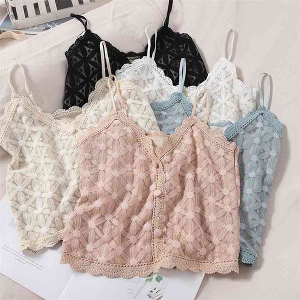 

camis for women strap tank v-neck sleeveless lace crop loose female short print sweet fake buttons drop 210529, White