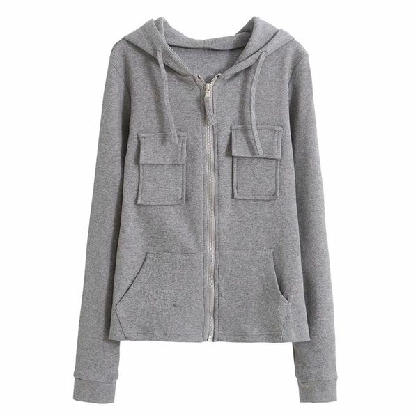 Felpe con cappuccio da donna [EWQ] 2021 Autunno semplice a maniche lunghe di colore grigio Top Moda Felpa con cappuccio con zip multitasche Slim Sport