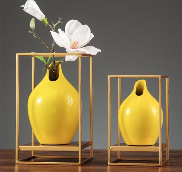 

creative copper ceramic modern deep yellow art flower piece vase