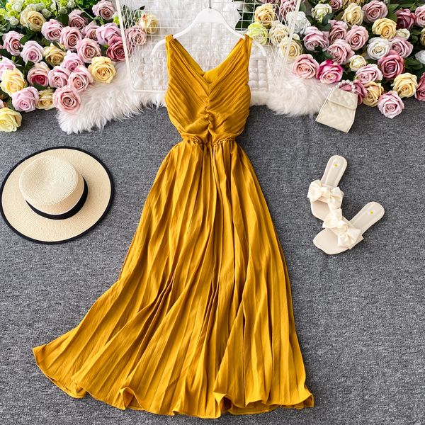 

2021 summer women beach pleated v-neck sleeveless high waist big swing yellow/white es female fashion robe mujer qkqf, Black;gray