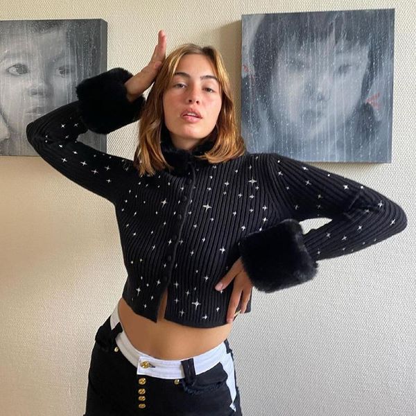 

women's knits & tees elegant autumn sweater cardigan women long sleeve star embroidery fur collar knitted cropped hoodies harajuku 2021, White