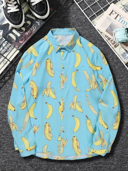 

men banana print patched pocket shirt a2xx#, White;black