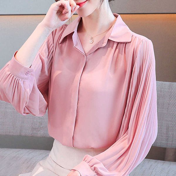 

long sleeve blouse women blusas mujer de moda turn down collar office chiffon blouse shirt women clothing blusa e03 210602, White
