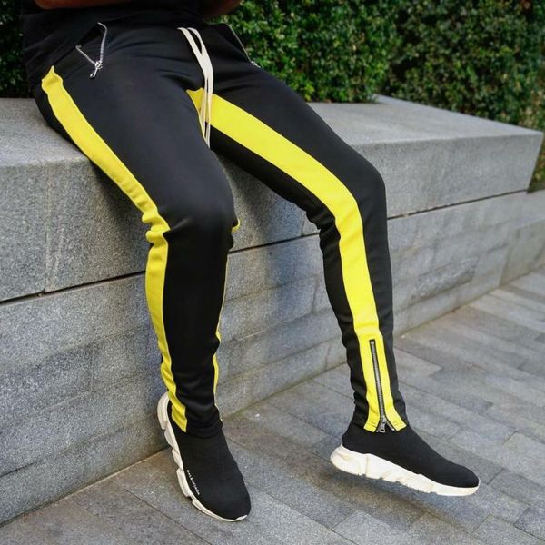 

men's pants 2021 cotton mens long color block street patchwork zippers elastic hip casual pencil pant sweatpants trousers jogger, Black