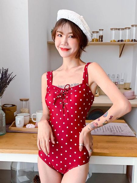 

one-piece suits 2021 korean women one piece swimwear red dot neckline trim front tie high-leg backless bandeau triangle bathing suit