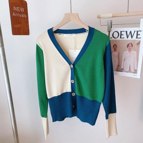 

women's knits & tees bulochova 2021 est autumn women v neck patchwork color knitted cardigan sweater chic button thin crop pull femme, White