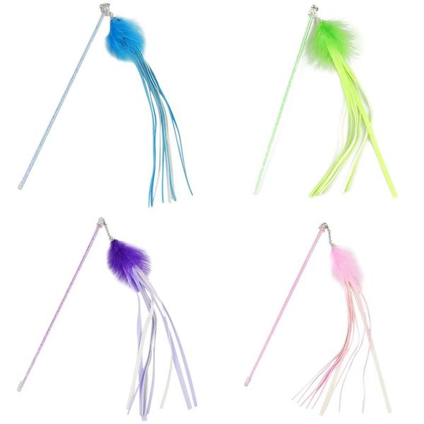 

cat toys 1pcs wand teaser fake feather toy plastic interactive stick with bell scratch pet supplies