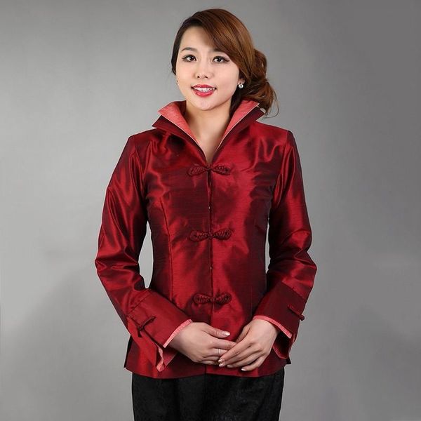 

women's jackets women silk satin jacket classic chinese style coat solid v-neck blouse vintage button mujeres chaqueta warm outwear big, Black;brown