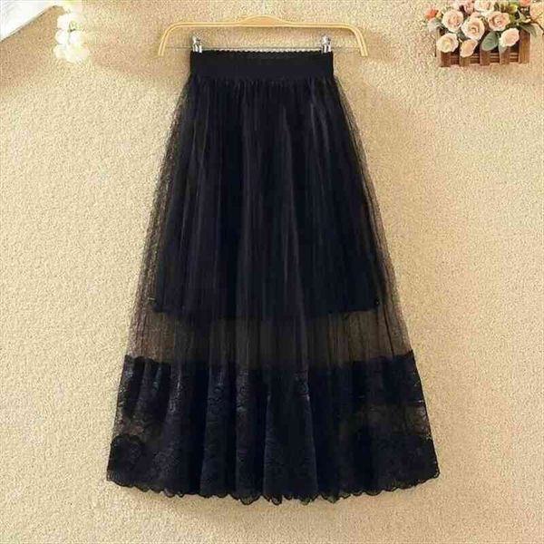 

high waist harajuku summer floral womens skirts pleated mesh overlay elastic big swing a-linetulle tulle, Black