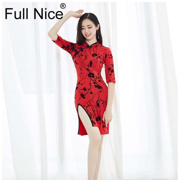 

red flower printed turtleneck bellydance costume half-sleeve placketing belly dance one-piece dress for women gypsy, Black;red